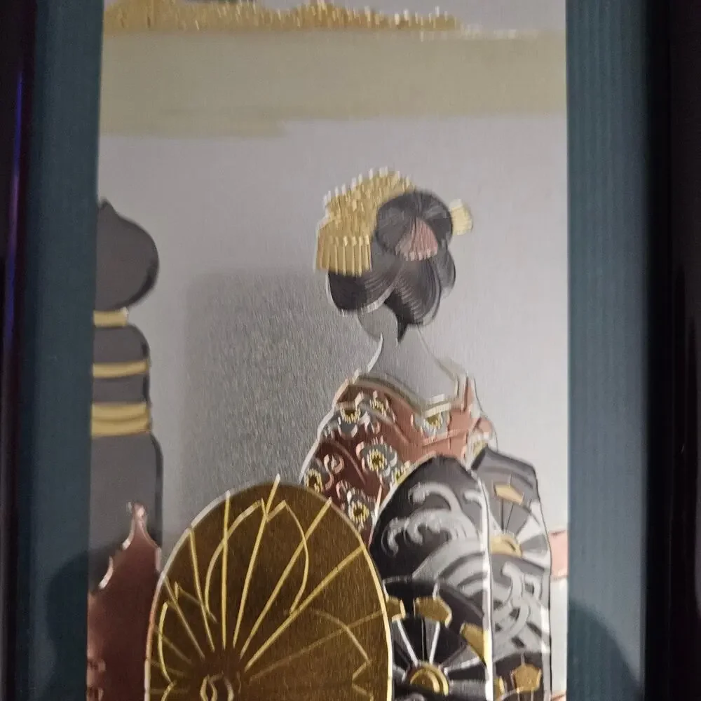 Vintage Japanese Chokin Art Geisha Cherry Blossom Pagoda Framed Foil Wall Art